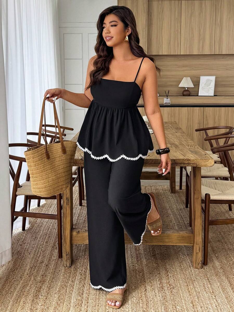 SHEIN PETITE CURVE Conjunto feminino plus size de duas peças com estampa de ondas e laços em cores contrastantes, cintura em linho sintético, ideal para o dia a dia na primavera/verão. - Preto - Ver 1
