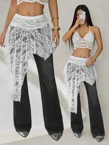 SHEIN PETITE Women's Summer Vacation Lace Asymmetric Hem Skirt - White - View 1