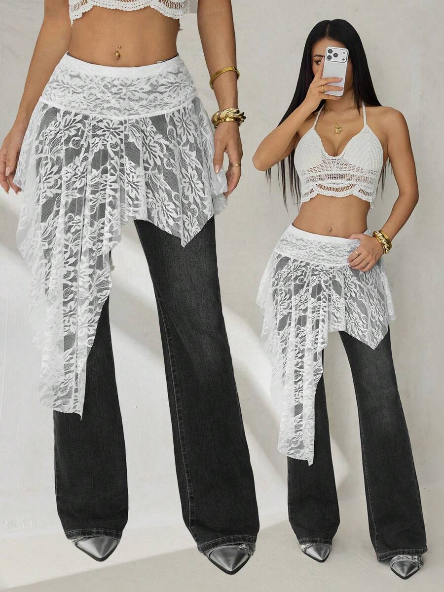 SHEIN PETITE Women's Summer Vacation Lace Asymmetric Hem Skirt - White - View 1