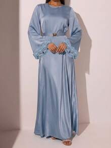 Veilorie Elegant Arabic Style Floral Patchwork Round Neck Waist Cinched Long Sleeve Dress - Blue - View 11