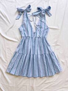 Soleia Women's Summer Casual Y2K Holiday Picnic Afternoon Tea Music Festival Woven Jacquard Striped Blue Mini Bow Tie V-Neck A-Line Mini Dress, Casual Dress For Women , Elegant Party Dresses,Festival Dresses ,Summer Dresses For Women,Graduation Dress ,Dresses For Holiday,Country Dress - Baby Blue - View 2