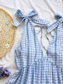 Soleia Women's Summer Casual Y2K Holiday Picnic Afternoon Tea Music Festival Woven Jacquard Striped Blue Mini Bow Tie V-Neck A-Line Mini Dress, Casual Dress For Women , Elegant Party Dresses,Festival Dresses ,Summer Dresses For Women,Graduation Dress ,Dresses For Holiday,Country Dress - Baby Blue - View 5