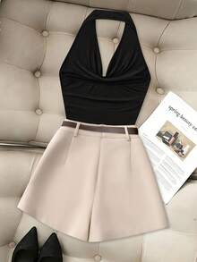 Resyla Conjunto de 2 piezas de top de tirantes finos y shorts casuales de color contrastante, estilo de moda europeo y americano para mujer en verano - Multicolor - Ver 2