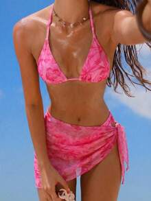 SHEIN Swim Vcay Women's Floral Print Halter Tie Back Sexy Bikini 3-Piece Swimsuit Set For Beach Vacation - Hot Pink - View 7