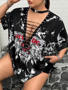 SHEIN CURVE+ 大码女式深V领短袖扎染性感T恤，适合约会、派对和其他场合 - 黑色 - 查看 5