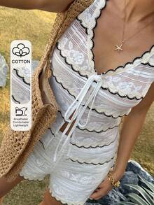 Livesso Spring & Summer Textured Striped Color Block Lace Trim Tie Front Sleeveless Vest Cardigan Top, Elegant Casual Beach Holiday 2-Piece Set For Women Lounge Sets For Women - White - View 1