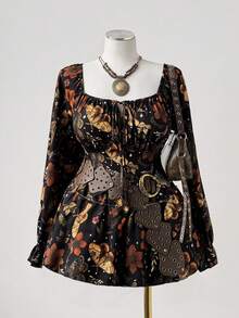 SHEIN CURVE+ Áo kiểu nữ cỡ lớn thanh lịch phong cách bohemian cổ điển in họa tiết, dáng rộng thoải mái, cổ tròn, tay dài, viền bèo nhún, thích hợp mặc hàng ngày, đi học, đi nghỉ mát, mùa xuân, hè, thu. - Nhiều màu - Xem 4