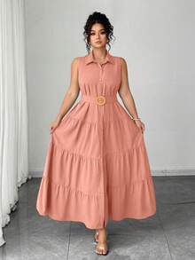 Elenzga Gaun Kemeja Tanpa Lengan Kancing Tunggal Depan Kasual Warna Polos untuk Wanita Ukuran Plus, Gaun Berlipit, Musim Panas - Coral Pink - View 4