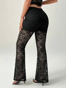 SHEIN Tall CURVE Quần dài xuyên thấu cỡ lớn dành cho nữ, quần legging ren, quần ống loe, quần xuyên thấu, quần đen gợi cảm dành cho nữ, trang phục mùa hè cho nữ, trang phục đi xem hòa nhạc, trang phục dự tiệc rave cho nữ. - màu đen - Xem 3