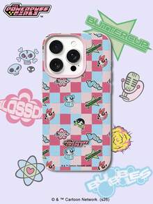 THE POWERPUFF GIRLS X SHEIN 飞天小女警花花泡泡毛毛全角色粉蓝棋盘格卡通印花粉色边框皮革质感手机壳防震防摔全包保护套适用于iPhone 17 Pro 16 15 14 13 12 Pro Max Plus Y2K复古美学可爱少女ins风高档手机壳 - 彩色 - 查看 1