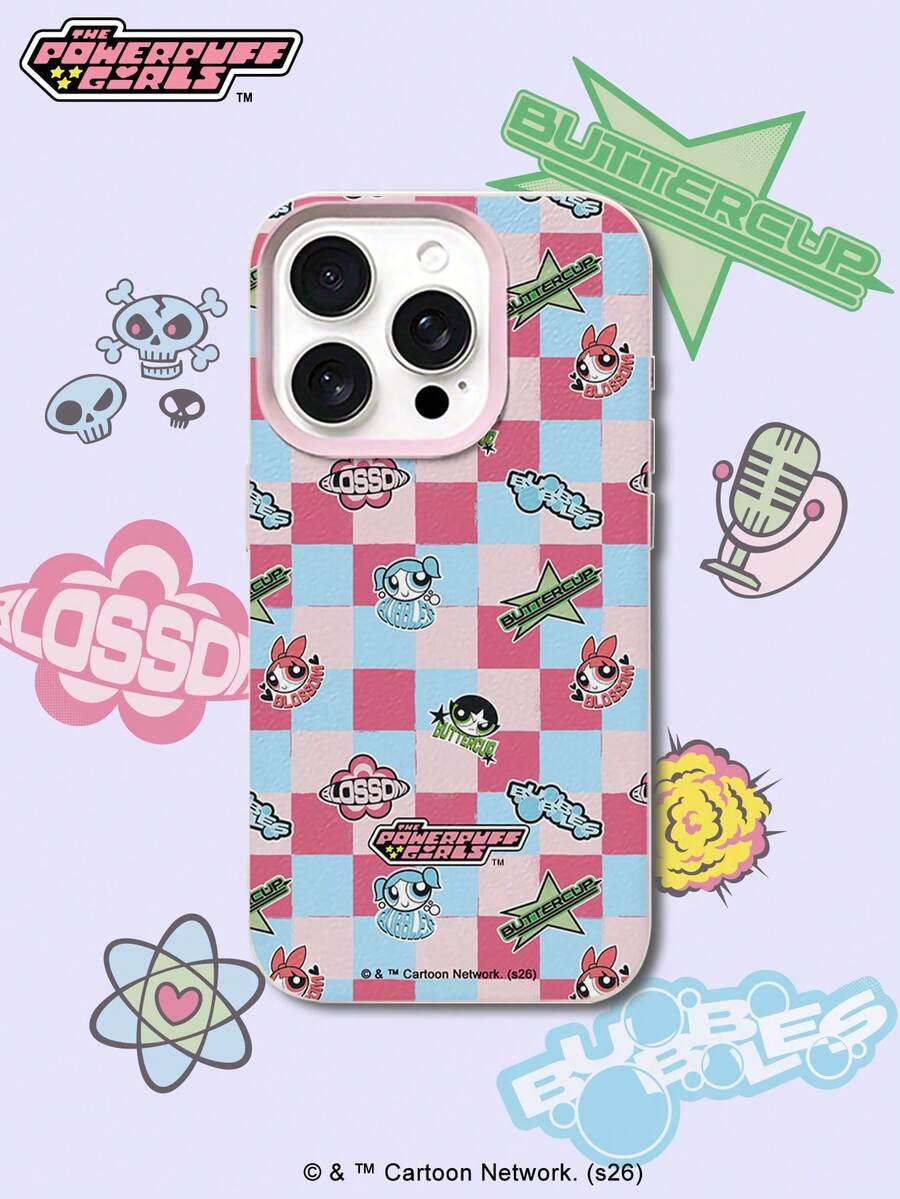 THE POWERPUFF GIRLS X SHEIN 飞天小女警花花泡泡毛毛全角色粉蓝棋盘格卡通印花粉色边框皮革质感手机壳防震防摔全包保护套适用于iPhone 17 Pro 16 15 14 13 12 Pro Max Plus Y2K复古美学可爱少女ins风高档手机壳 - 彩色 - 查看 1