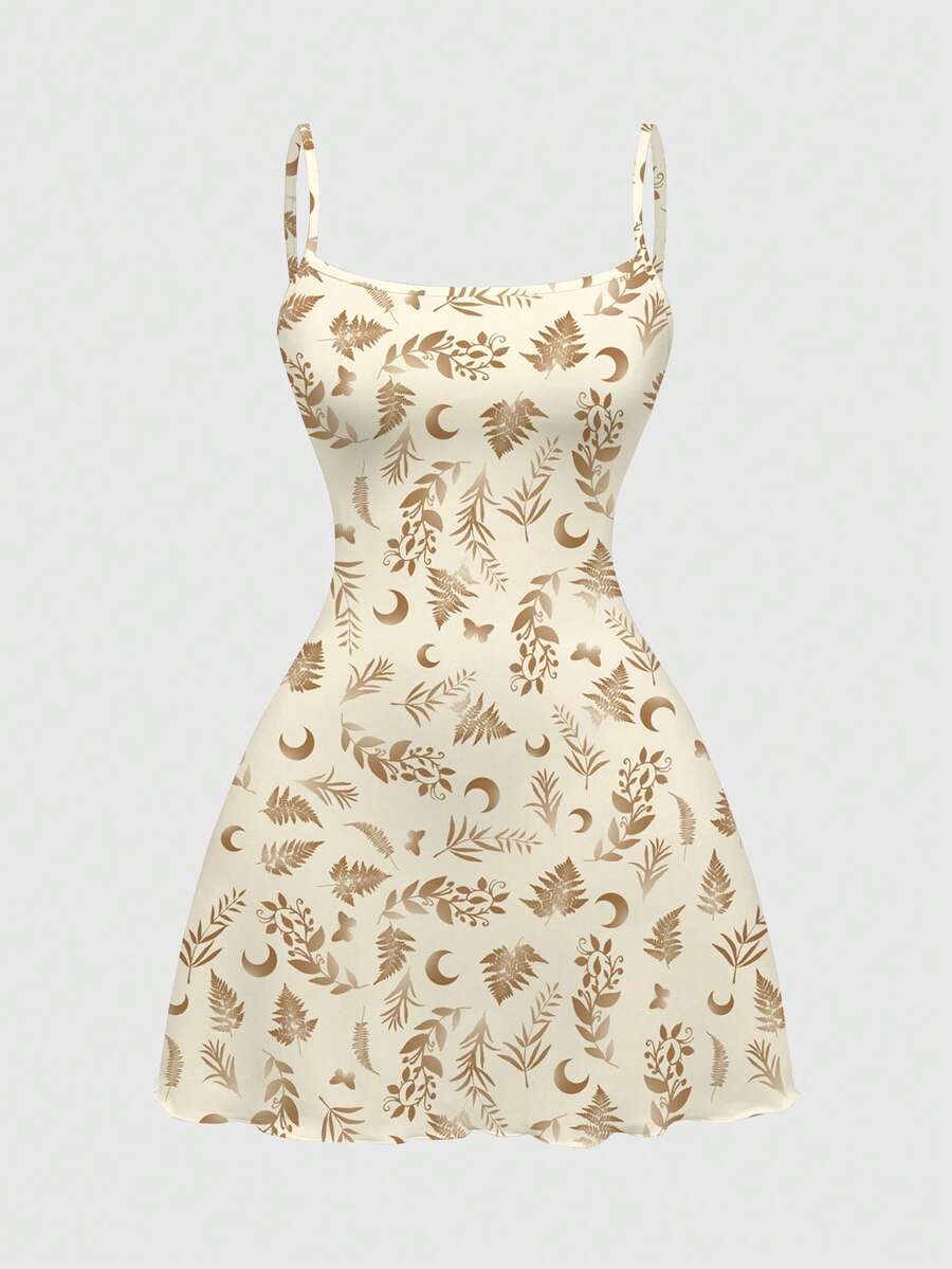 ROMWE Fairycore Hippie Sun Moon Star Leaf Print Sexy Dark Goth Mini Dress For Women - Beige - View 1