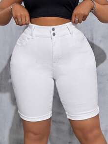 SHEIN Tall CURVE Plus Size Women White Denim Elastic Skinny Shorts - White - View 3