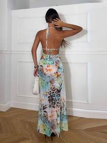 Ronhire Slit Fitted & Elegant Floral Leopard Print Vacation Dress With Beading, Suitable For Beach Vacation, Vacation Maxi Dress, Beach Dress, Backless Dress, Spring/Summer Party - Mint Green - View 2