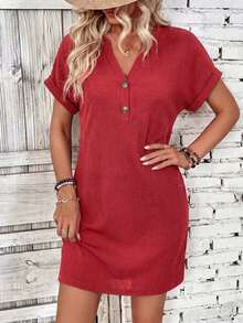 EMERY ROSE Women's Solid Color Notched Neck Short Sleeve Rolled Hem Loose Mini Dress, Summer - Red - View 4