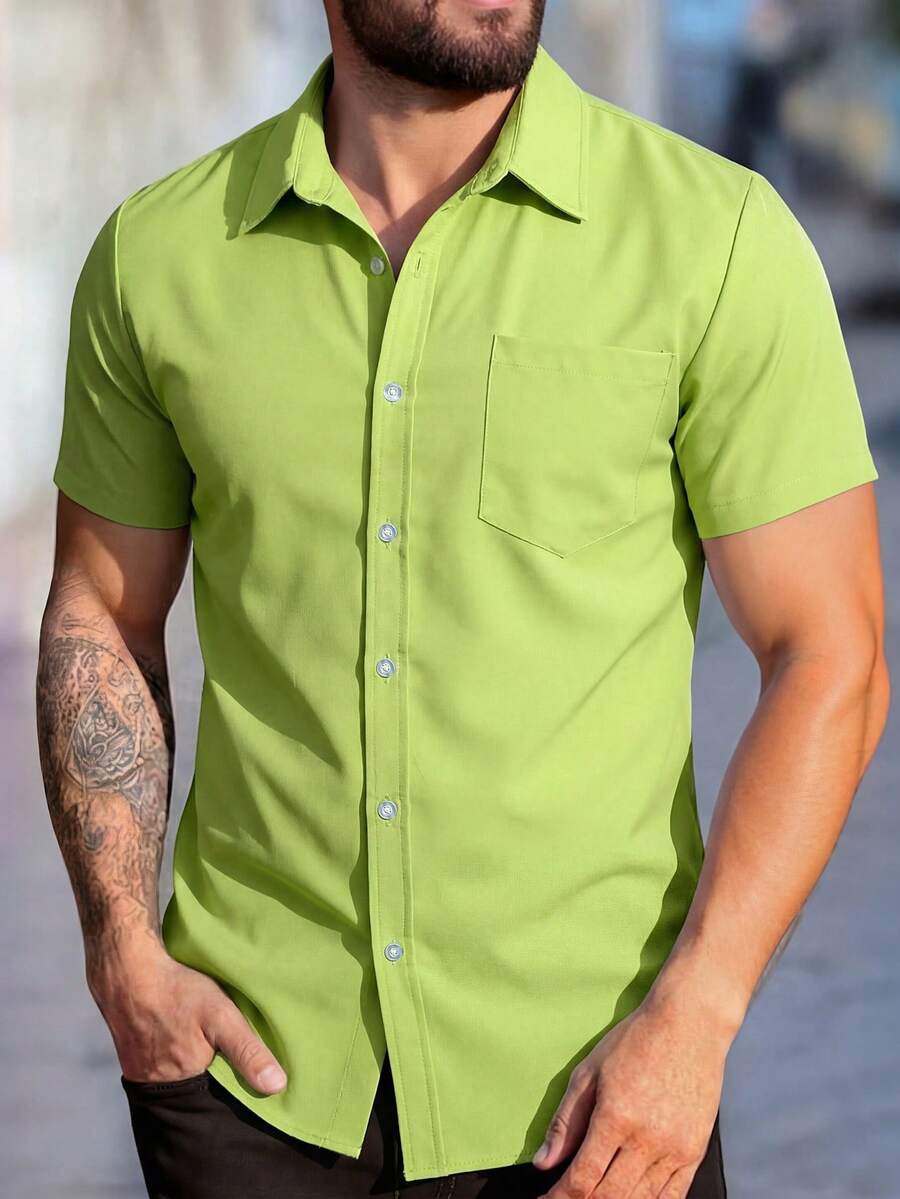 Manfinity Homme Men's Solid Color Single-Breasted Pocket Short Sleeve Shirt (Printed Irregular), Formal - Olive Green - View 1