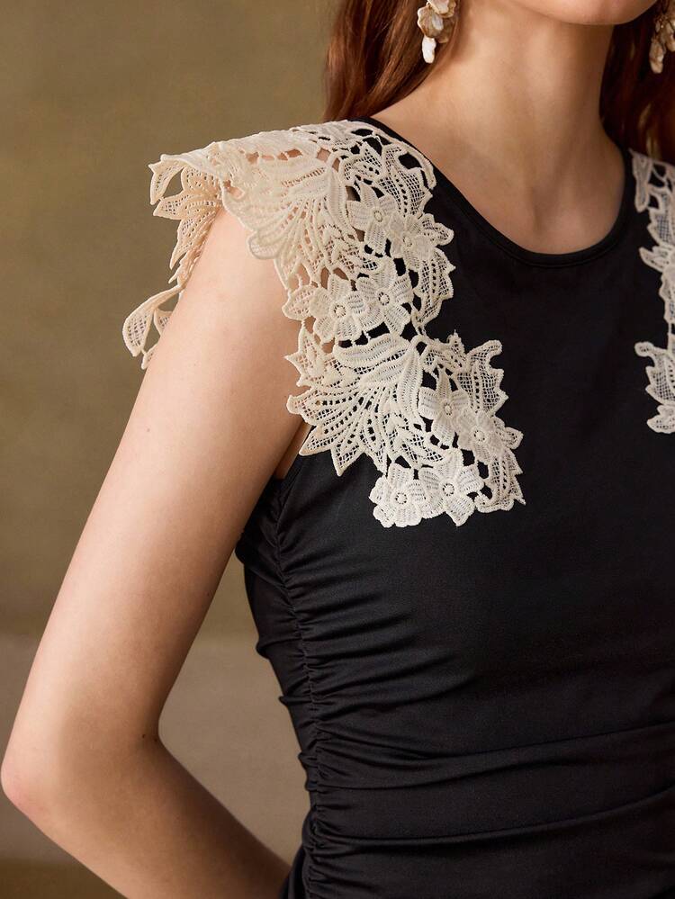 SUMMER NEW BLACK CONTRAST LACE CAP SLEEVE T-SHIRT, WOMEN'S FITTED RUCHED WAIST CAP SLEEVE TEE