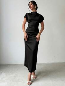 Firerie 女士优雅简约端庄时尚通勤日常百搭度假约会褶皱袖纯色修身长连衣裙，杏色 - 黑色 - 查看 3