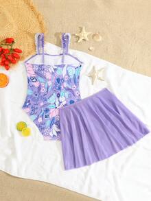 SHEIN Conjunto de traje de baño de una pieza con estampado floral y minifalda para niña preadolescente, adecuado para vacaciones en la playa, fiestas en la piscina y fiestas en la playa - Morado - Ver 3