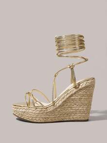 Styleloop Giày nữ màu mơ, dây gai rỗng, nhiều màu sắc, giày đế xuồng, sandal đế cao, giày quai ngang, giày nhẹ giúp tăng chiều cao, giày nữ phong cách bohemian cho kỳ nghỉ. - Vàng - Xem 3