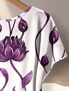 EMERY ROSE Bộ đồ 2 mảnh dành cho nữ cỡ lớn, in họa tiết hoa, cổ tròn và quần, kiểu dáng thường ngày. - Màu tím - Xem 5