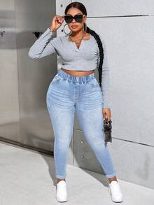 Slaydiva Quần jean skinny cạp cao rách dáng rộng cỡ lớn - Rửa nhẹ - Xem 3