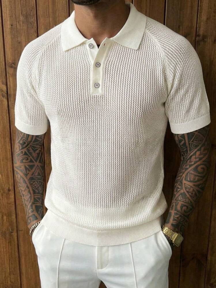 Men's White Polo Collar Knit Top Summer