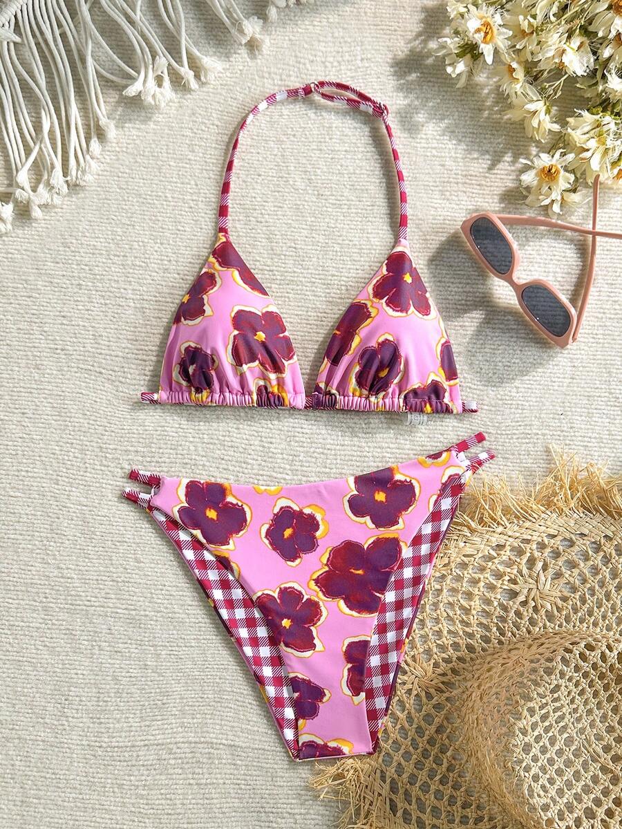 SHEIN Teen Girl Pink Textured Knit Shell Decor Bikini Sets,Summer Beach Holiday Spaghetti Strap Triangle Swimwear Push Up Two Pieces Floral Bathing Suits - Pink - View 1