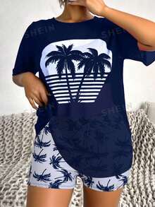 Swim Lushoire 3件套女士夏季沙滩度假热带棕榈树条纹印花短袖吊带泳衣 - 彩色 - 查看 3