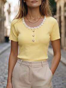 Franclia Women's Yellow Elegant Summer Knit Tops, Retro Tea Party Brunch Short Sleeve Square Neck Button Blouse, Business Casual Office Shirt For Vacation - Yellow - View 1