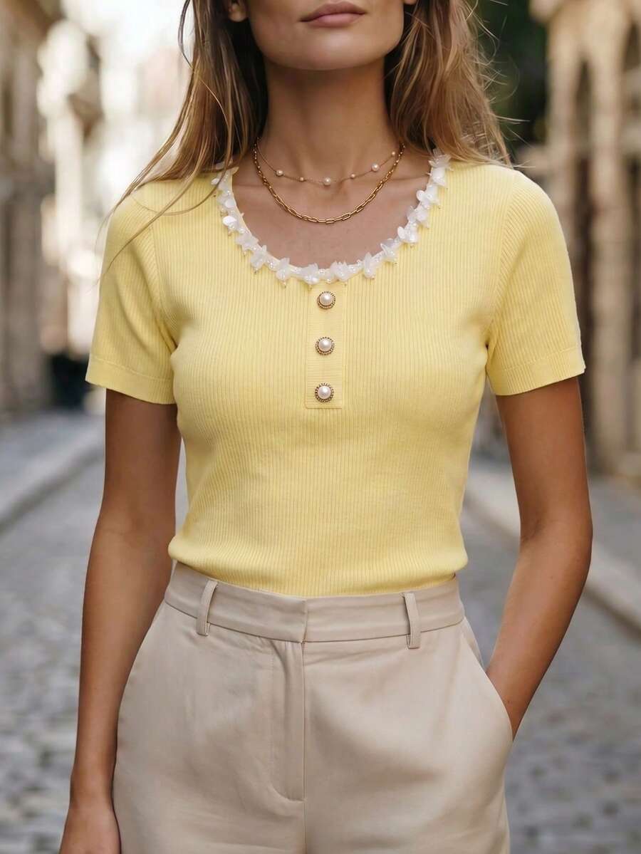 Franclia Women's Yellow Elegant Summer Knit Tops, Retro Tea Party Brunch Short Sleeve Square Neck Button Blouse, Business Casual Office Shirt For Vacation - Yellow - View 1