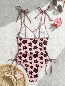 Swim Mod Áo tắm liền thân nữ họa tiết chấm bi ngẫu nhiên, dây mảnh, buộc phía trước, thích hợp cho mùa xuân/hè. - Nhiều màu - Xem 3