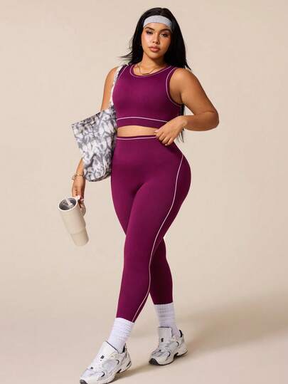 SHEIN Rhythm Era 女士加大码撞色圆领上衣和高腰紧身打底裤休闲运动套装