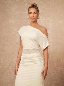 Lumalex Bộ đồ sang trọng kiểu quý phái gồm áo croptop dệt kim màu mơ, cổ bất đối xứng, viền ren và chân váy ôm sát eo xếp ly, thích hợp cho dạ tiệc, đám cưới, tiệc cao cấp, hẹn hò lãng mạn, tiệc kỷ niệm, nhà hàng sang trọng. - Màu be - Xem 7