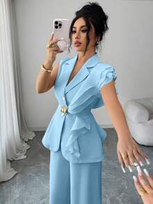 SHEIN Elenzya 女款優雅嬰兒藍夏季熱帶調酒會奢華正式套裝，亮片歐根紗荷葉領繫腰無袖外套與直筒長褲 - 淺藍色 - 查看 5