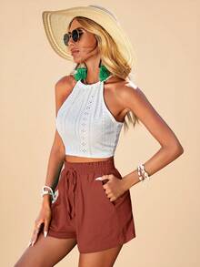 Travachic Women's Solid Color Drawstring Waist Spring Shorts - Burnt Orange - View 5