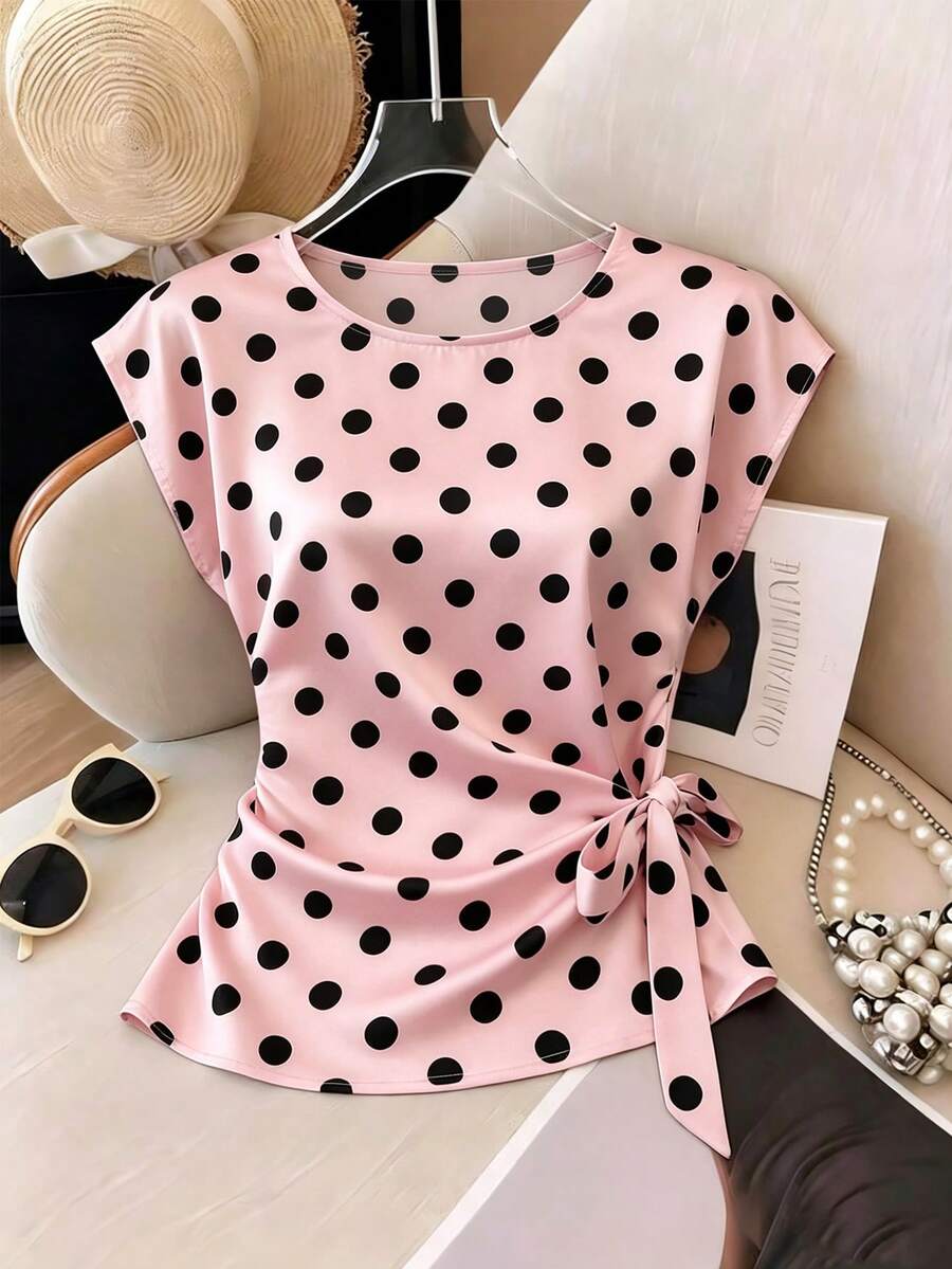 Franclia Women's Polka Dot Round Neck Casual Versatile Daily Wear T-Shirt - Pink - View 1