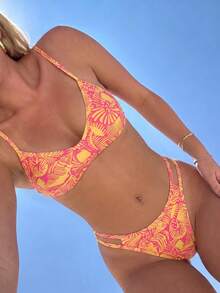 Swim Mod Bộ bikini hai mảnh buộc dây bên hông in hình vỏ sò màu đỏ và cam ngọt ngào, kiểu dáng tam giác buộc dây cổ, có đệm mút, hàng mới về mùa Xuân/Hè, thích hợp cho bãi biển, kỳ nghỉ, tiệc sinh nhật. - Nhiều màu - Xem 1