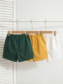 SHEIN Playful Pals 3条装男婴弹力腰短裤，多色梭织面料，侧边字母条纹，休闲工装风，适合6个月至3岁宝宝，夏季必备 - 彩色 - 查看 3
