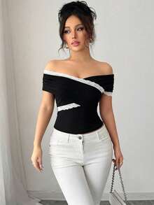 Elenzga Lace Patchwork Criss-Cross Off-Shoulder Blouse, Summer Lesbian Latest Tops For Women New Arrivals Blouses For Women New T Shirt Tops For Women Business Casual Women Tops - Black and White - View 4