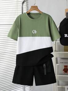 Casuvi Kids Set de 2 piezas de camiseta con estampado de bloques de color y pantalones cortos con bolsillo para niño preadolescente, adecuado para uso diario y al aire libre - Multicolor - Ver 3