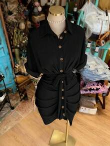 EMERY ROSE Women's Fashion Solid Color Single-Breasted Tie Bow Ruffle Short Sleeve Shirt Dress - Black - View 4