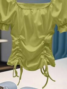 popular camiseta de mujer de verano con cuello cuadrado, mangas abullonadas, plisada y estilizadora, con diseño de rayas de puntitos exquisito - Verde - Ver 4