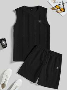 Manfinity CasualCool 2pcs/Set Men's Knit Casual Plus Size Tank Top And Shorts, Holiday - Black - View 5
