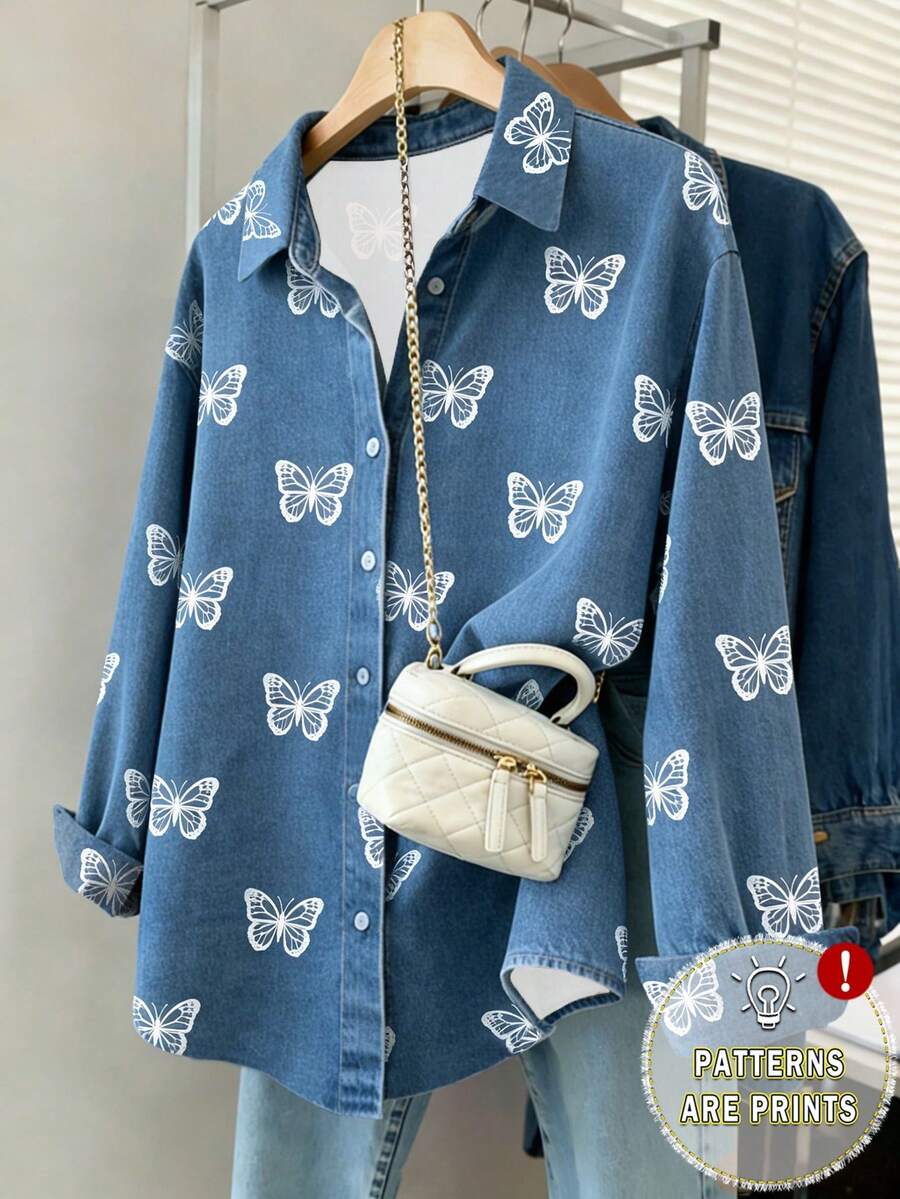 SHEIN 女款復古蝴蝶印花襯衫