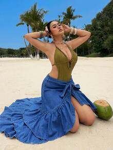 Sunnyshic Plus Size Women's Spring/Summer Beach Vacation Style Belted Ruffled High Slit Hem Denim A-Line Skirt - Blue - View 6