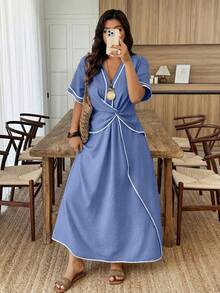 Weeklong Vestido maxi de manga corta con bloqueo de color en algodón y lino color albaricoque y negro, un vestido para mujer de talla grande adecuado para vacaciones casuales y salidas diarias en primavera y verano. - Azul - Ver 3