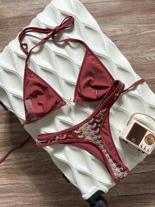 Swim Vcay Spring/Summer Solid Color Triangle Wireless Halter Backless Top And Swim Shorts Women Sexy Bikini Set For Beach Vacation - Multicolor - View 2