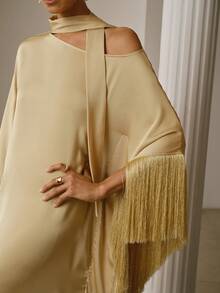 ZEYLAH Loose Flowy Fringed Dress With Asymmetric-Shoulder Sash, Spring - Champagne - View 2