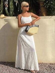 Spring & Summer Lace Hollow-Out Jacquard White Spaghetti Strap Dress, Casual Vacation Beach Midi Dress For Women Sundress - White - View 7